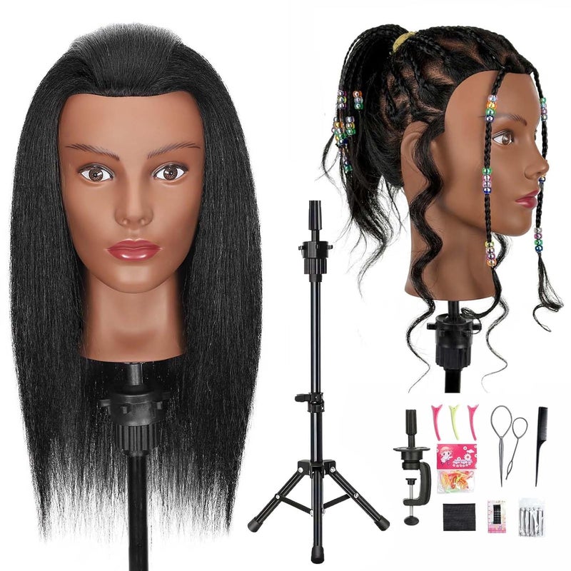 Opini 18" Mannequin Head Human Hair with 100% Real Hair Human Hair Mannequin Doll Head for Hairdresser Practice Braiding Hairstyling with Adjustable Tripod Stand and Tools (18 Inch- Tripod Set) - Image 1